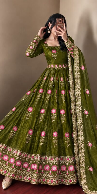 SR 1724 Mehendi Faux Georgette Gown with Mirror Work & Embroidery Work. Get it for ₹2799. Delivery 4-6 Working Days. Online Shop now. | Gowns, Bollywood Gowns, Creative Gowns, Designer Gowns, Embroidered Gowns, Party Wear Gowns