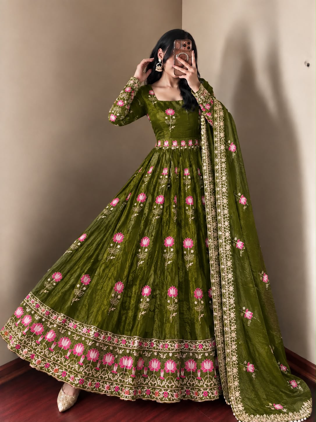 SR 1724 Mehendi Faux Georgette Gown with Mirror Work & Embroidery Work. Get it for ₹2799. Delivery 4-6 Working Days. Online Shop now. | Gowns, Bollywood Gowns, Creative Gowns, Designer Gowns, Embroidered Gowns, Party Wear Gowns