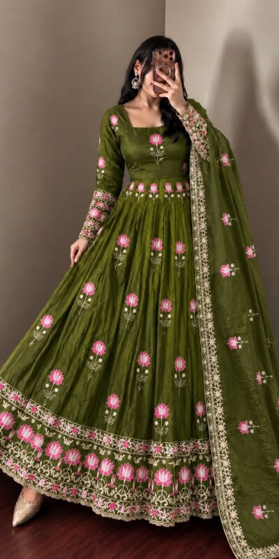 SR 1724 Mehendi Faux Georgette Gown with Mirror Work & Embroidery Work. Get it for ₹2799. Delivery 4-6 Working Days. Online Shop now. | Gowns, Bollywood Gowns, Creative Gowns, Designer Gowns, Embroidered Gowns, Party Wear Gowns