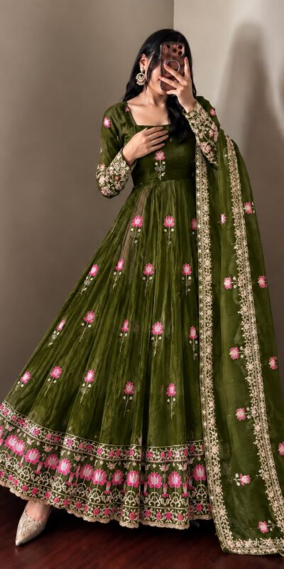 SR 1724 Mehendi Faux Georgette Gown with Mirror Work & Embroidery Work. Get it for ₹2799. Delivery 4-6 Working Days. Online Shop now. | Gowns, Bollywood Gowns, Creative Gowns, Designer Gowns, Embroidered Gowns, Party Wear Gowns