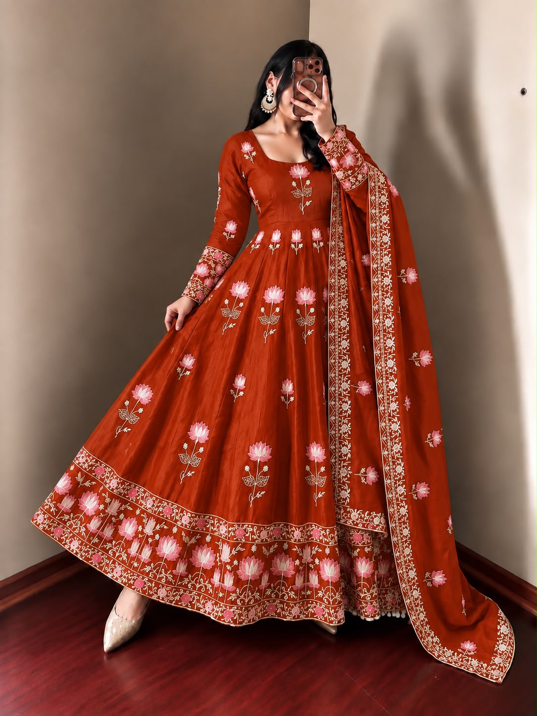 SR 1724 Rust Faux Georgette Gown with Mirror Work & Embroidery Work. Get it for ₹2799. Delivery 4-6 Working Days. Online Shop now. | Gowns, Bollywood Gowns, Creative Gowns, Designer Gowns, Embroidered Gowns, Party Wear Gowns