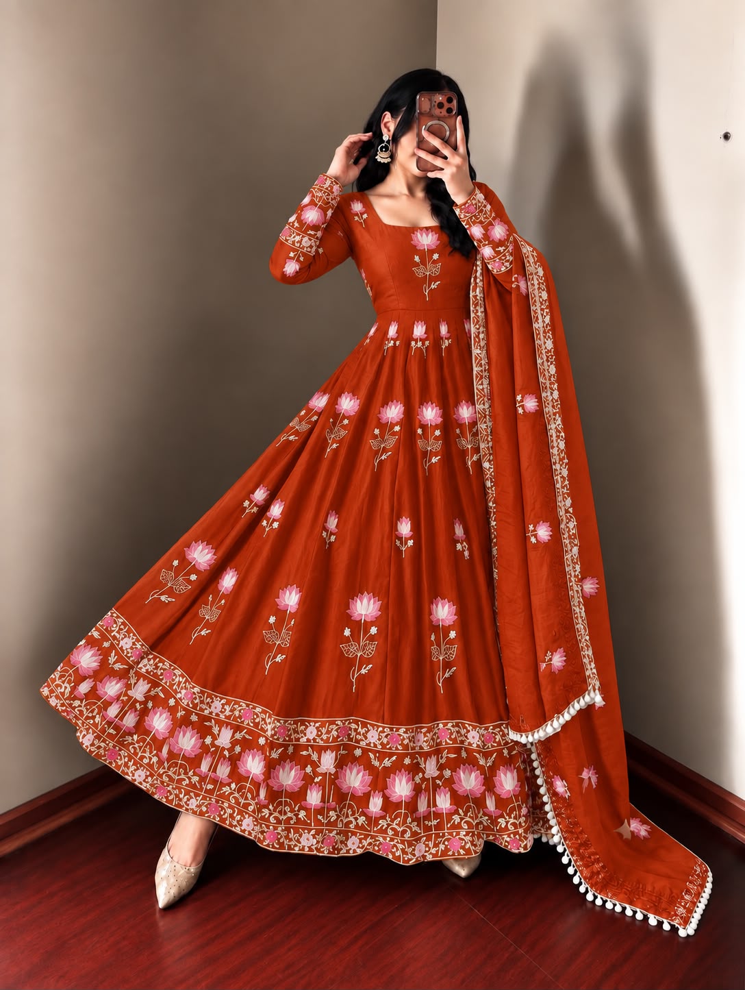 SR 1724 Rust Faux Georgette Gown with Mirror Work & Embroidery Work. Get it for ₹2799. Delivery 4-6 Working Days. Online Shop now. | Gowns, Bollywood Gowns, Creative Gowns, Designer Gowns, Embroidered Gowns, Party Wear Gowns