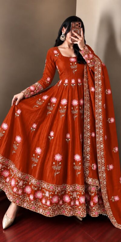 SR 1724 Rust Faux Georgette Gown with Mirror Work & Embroidery Work. Get it for ₹2799. Delivery 4-6 Working Days. Online Shop now. | Gowns, Bollywood Gowns, Creative Gowns, Designer Gowns, Embroidered Gowns, Party Wear Gowns