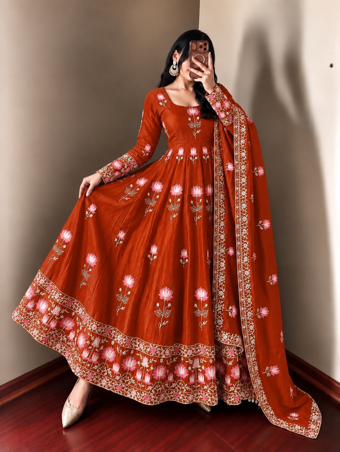 SR 1724 Rust Faux Georgette Gown with Mirror Work & Embroidery Work. Get it for ₹2799. Delivery 4-6 Working Days. Online Shop now. | Gowns, Bollywood Gowns, Creative Gowns, Designer Gowns, Embroidered Gowns, Party Wear Gowns