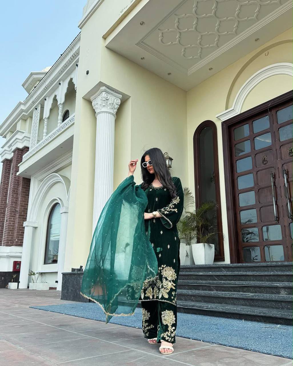 ND 5028 Green Viscose Velvet Salwar Suit with Embroidery Work & Lace Work. Grab it for ₹2349. Delivery 4-6 Working Days. Shop now. | Jump Suits, Salwar suit, Casual Suits, Creative suits, Designer Suits, Palazzo Suits, Party Wear Suits, Patiala Suits, Straight Suits