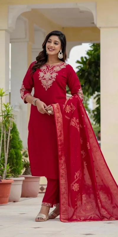 DIVA 121 Red Roman Silk Salwar Suit with Sequins Work & Embroidery Work. Available at ₹1899 only. Delivery 4-6 Working Days. Shop now. | Jump Suits, Salwar suit, Casual Suits, Creative suits, Designer Suits, Palazzo Suits, Party Wear Suits, Patiala Suits, Straight Suits