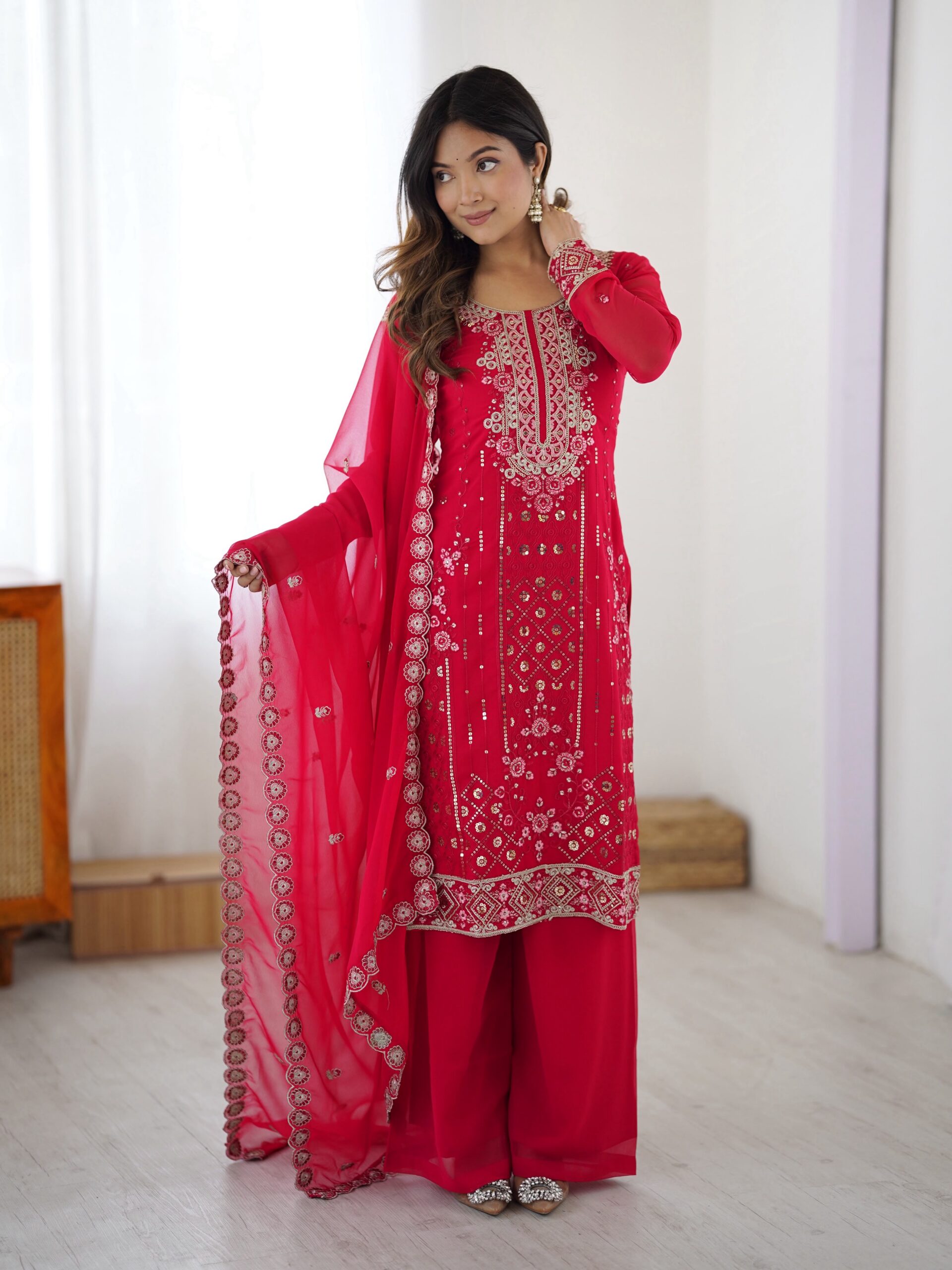 SP 37 Pink Faux Georgette Salwar Suit with Mirror Work & Embroidery Work. Get it for ₹1999. Delivery 4-6 Working Days. Shop now. | Jump Suits, Salwar suit, Casual Suits, Creative suits, Designer Suits, Palazzo Suits, Party Wear Suits, Patiala Suits, Straight Suits
