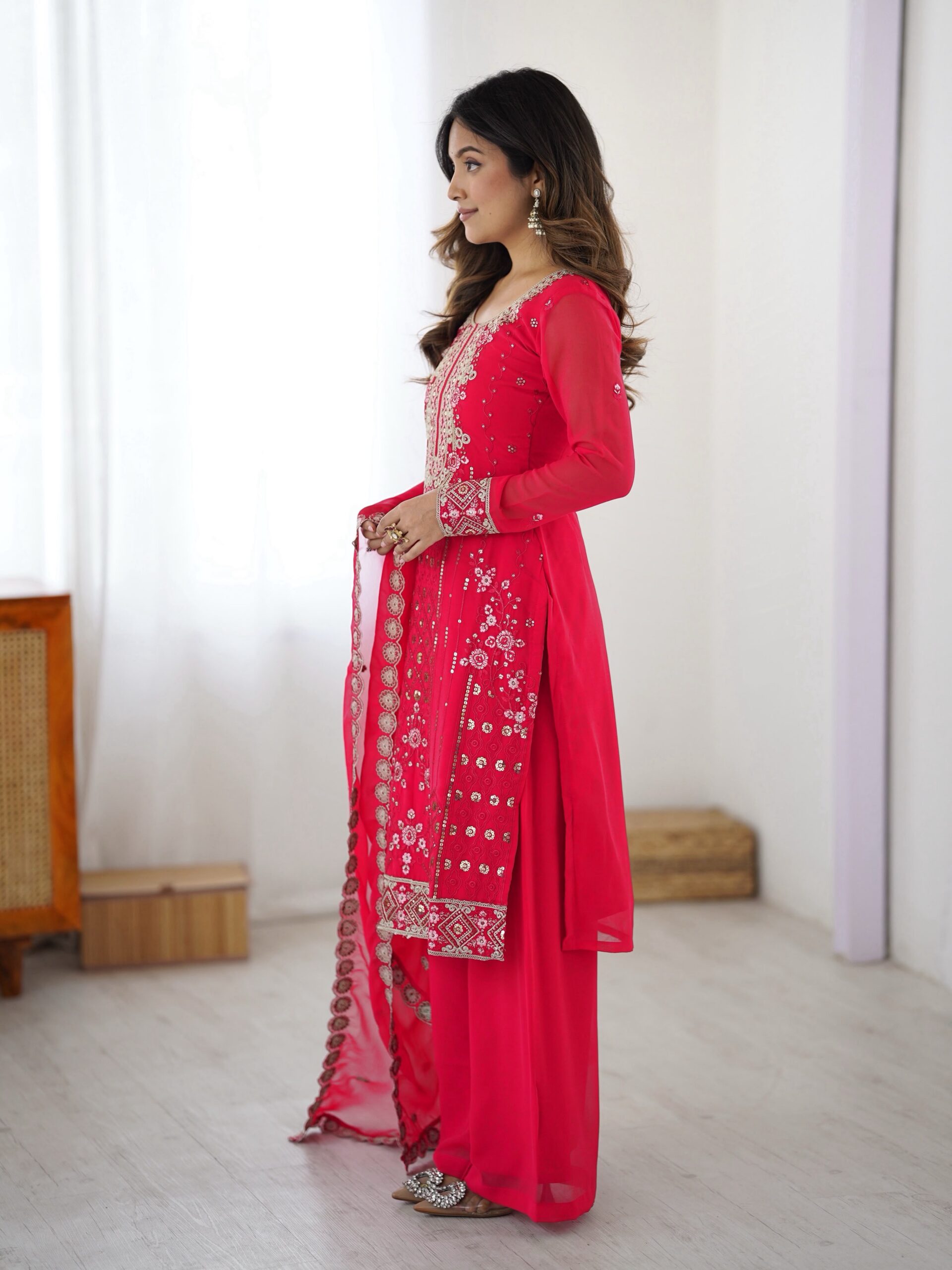 SP 37 Pink Faux Georgette Salwar Suit with Mirror Work & Embroidery Work. Get it for ₹1999. Delivery 4-6 Working Days. Shop now. | Jump Suits, Salwar suit, Casual Suits, Creative suits, Designer Suits, Palazzo Suits, Party Wear Suits, Patiala Suits, Straight Suits