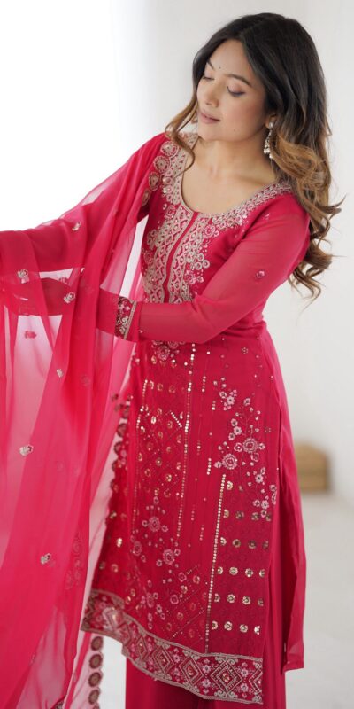 SP 37 Pink Faux Georgette Salwar Suit with Mirror Work & Embroidery Work. Get it for ₹1999. Delivery 4-6 Working Days. Shop now. | Jump Suits, Salwar suit, Casual Suits, Creative suits, Designer Suits, Palazzo Suits, Party Wear Suits, Patiala Suits, Straight Suits