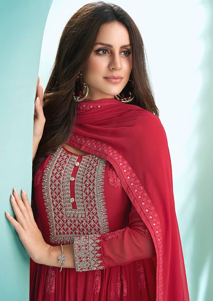 FC 1179 Red Georgette Salwar Suit with Mirror Work & Embroidery Work. Get it for ₹2249. Delivery 4-6 Working Days. Shop now. | Jump Suits, Salwar suit, Casual Suits, Creative suits, Designer Suits, Palazzo Suits, Party Wear Suits, Patiala Suits, Straight Suits