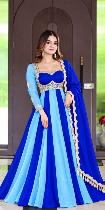 ND 5072 Blue Fendy Silk Gown with Embroidery Work & Sequins Work. Special Price ₹2849. Delivery 4-6 Working Days. Shop now. | Gowns, Bollywood Gowns, Creative Gowns, Designer Gowns, Embroidered Gowns, Party Wear Gowns
