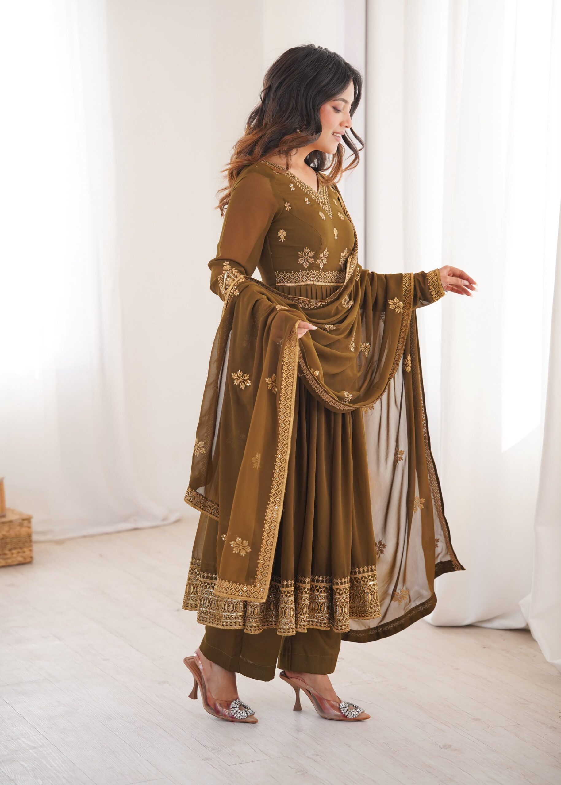SP 104 Brown| Faux Georgette Salwar Suit with Lace Work & Digital Print. Introductory Price ₹2799. Delivery 4-6 Working Days. Shop now. | Anarkali Suits, Bollywood Anarkali, Creative-Anarkali, Designer Anarkali, Embroidered Anarkali, Party Wear Anarkali