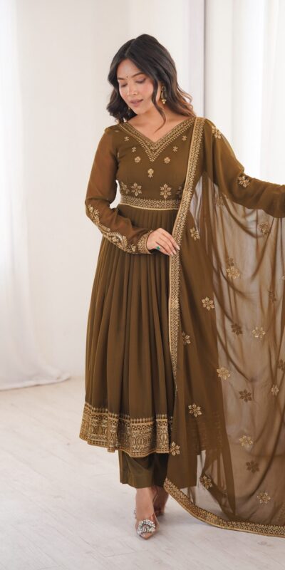 SP 104 Brown| Faux Georgette Salwar Suit with Lace Work & Digital Print. Introductory Price ₹2799. Delivery 4-6 Working Days. Shop now. | Anarkali Suits, Bollywood Anarkali, Creative-Anarkali, Designer Anarkali, Embroidered Anarkali, Party Wear Anarkali