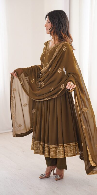 SP 104 Brown| Faux Georgette Salwar Suit with Lace Work & Digital Print. Introductory Price ₹2799. Delivery 4-6 Working Days. Shop now. | Anarkali Suits, Bollywood Anarkali, Creative-Anarkali, Designer Anarkali, Embroidered Anarkali, Party Wear Anarkali