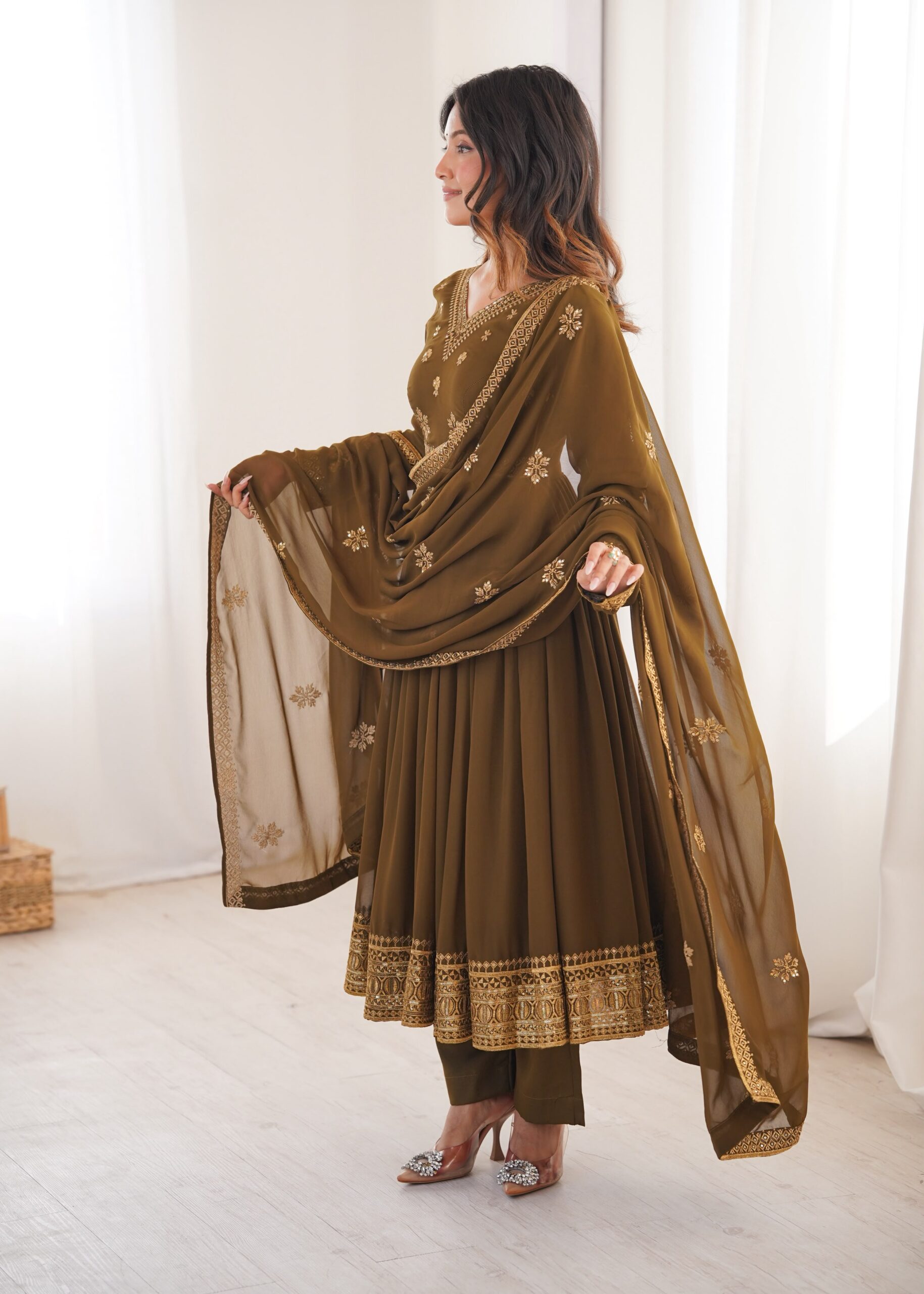SP 104 Brown| Faux Georgette Salwar Suit with Lace Work & Digital Print. Introductory Price ₹2799. Delivery 4-6 Working Days. Shop now. | Anarkali Suits, Bollywood Anarkali, Creative-Anarkali, Designer Anarkali, Embroidered Anarkali, Party Wear Anarkali