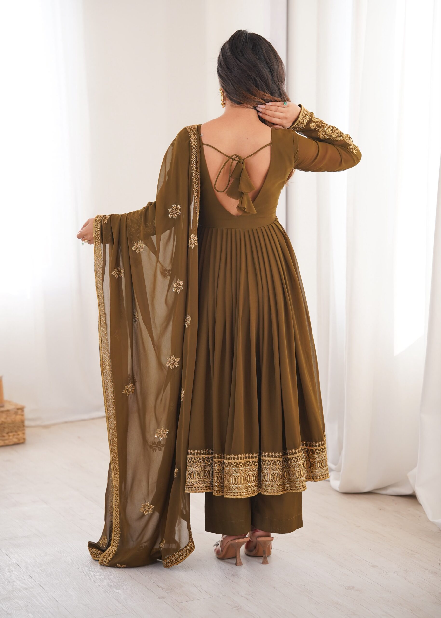 SP 104 Brown| Faux Georgette Salwar Suit with Lace Work & Digital Print. Introductory Price ₹2799. Delivery 4-6 Working Days. Shop now. | Anarkali Suits, Bollywood Anarkali, Creative-Anarkali, Designer Anarkali, Embroidered Anarkali, Party Wear Anarkali