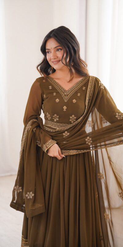 SP 104 Brown| Faux Georgette Salwar Suit with Lace Work & Digital Print. Introductory Price ₹2799. Delivery 4-6 Working Days. Shop now. | Anarkali Suits, Bollywood Anarkali, Creative-Anarkali, Designer Anarkali, Embroidered Anarkali, Party Wear Anarkali