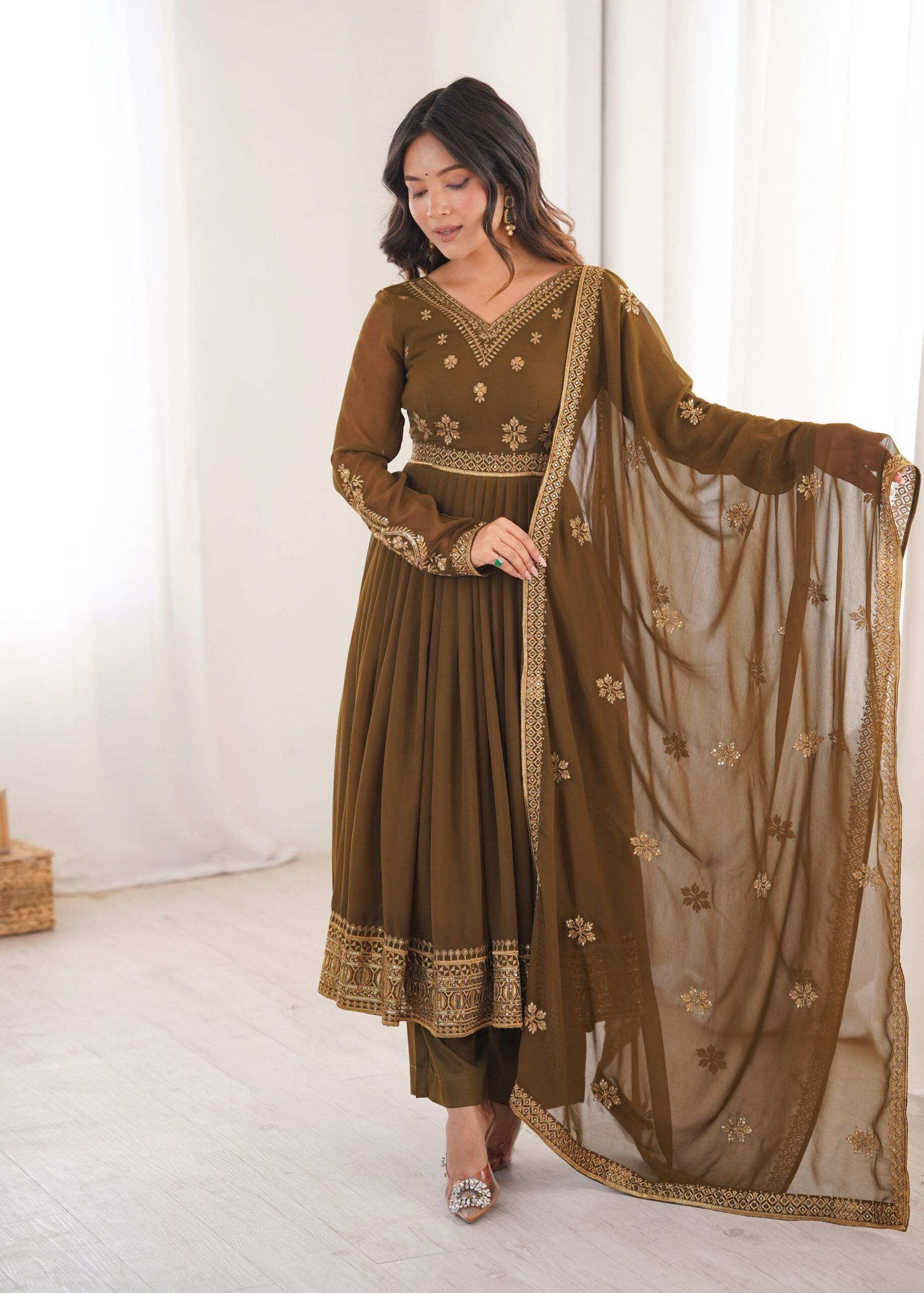 SP 104 Brown| Faux Georgette Salwar Suit with Lace Work & Digital Print. Introductory Price ₹2799. Delivery 4-6 Working Days. Shop now. | Anarkali Suits, Bollywood Anarkali, Creative-Anarkali, Designer Anarkali, Embroidered Anarkali, Party Wear Anarkali