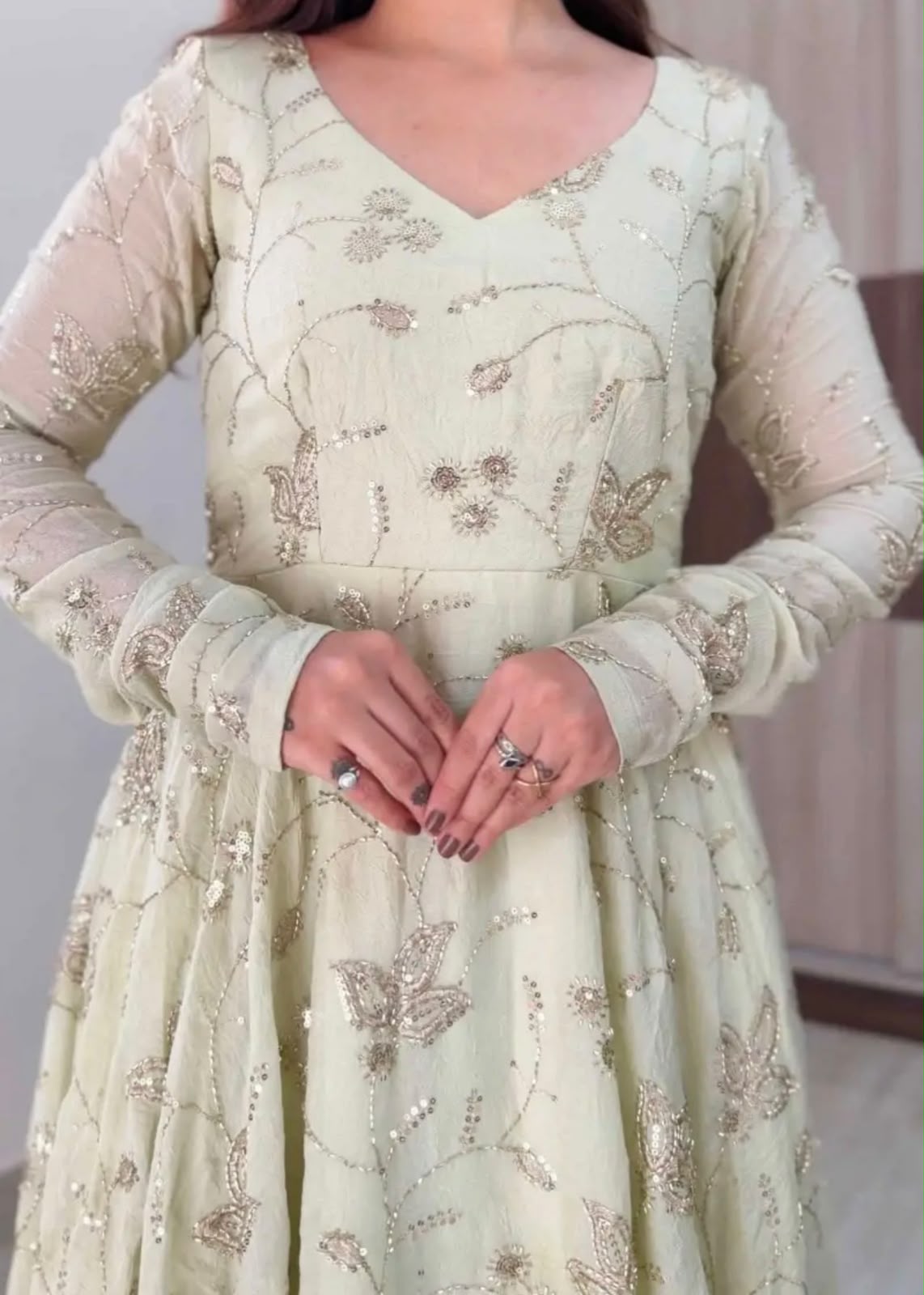 SRK 5374 Off White Fendy Silk Gown with Embroidery Work & Sequins Work. Special Price ₹2399. Delivery 4-6 Working Days. Shop now. | Gowns, Bollywood Gowns, Creative Gowns, Designer Gowns, Embroidered Gowns, Party Wear Gowns