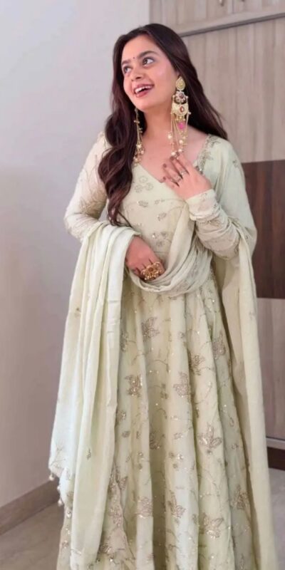 SRK 5374 Off White Fendy Silk Gown with Embroidery Work & Sequins Work. Special Price ₹2399. Delivery 4-6 Working Days. Shop now. | Gowns, Bollywood Gowns, Creative Gowns, Designer Gowns, Embroidered Gowns, Party Wear Gowns