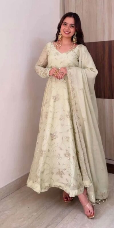 SRK 5374 Off White Fendy Silk Gown with Embroidery Work & Sequins Work. Special Price ₹2399. Delivery 4-6 Working Days. Shop now. | Gowns, Bollywood Gowns, Creative Gowns, Designer Gowns, Embroidered Gowns, Party Wear Gowns