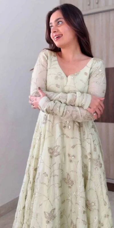 SRK 5374 Off White Fendy Silk Gown with Embroidery Work & Sequins Work. Special Price ₹2399. Delivery 4-6 Working Days. Shop now. | Gowns, Bollywood Gowns, Creative Gowns, Designer Gowns, Embroidered Gowns, Party Wear Gowns