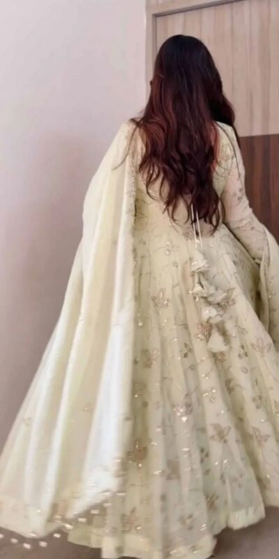 SRK 5374 Off White Fendy Silk Gown with Embroidery Work & Sequins Work. Special Price ₹2399. Delivery 4-6 Working Days. Shop now. | Gowns, Bollywood Gowns, Creative Gowns, Designer Gowns, Embroidered Gowns, Party Wear Gowns