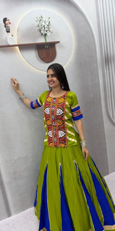 PC 584 Parrot Green in Pure Cotton Mirror Work & Gamthi Work Lehenga Choli . Exclusive Offer ₹2249. Delivery 4-6 Working Days. Shop now. | Lehenga, Bollywood Lehenga, Creative Lehenga, Designer Lehenga, Embroidered Lehenga, Party Wear Lehenga