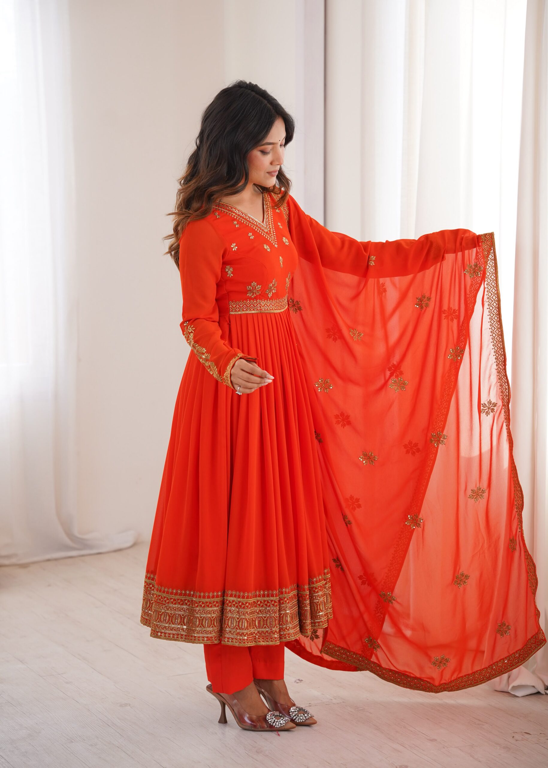 SP 104 Red| Faux Georgette Salwar Suit with Lace Work & Digital Print. Introductory Price ₹2799. Delivery 4-6 Working Days. Shop now. | Anarkali Suits, Bollywood Anarkali, Creative-Anarkali, Designer Anarkali, Embroidered Anarkali, Party Wear Anarkali