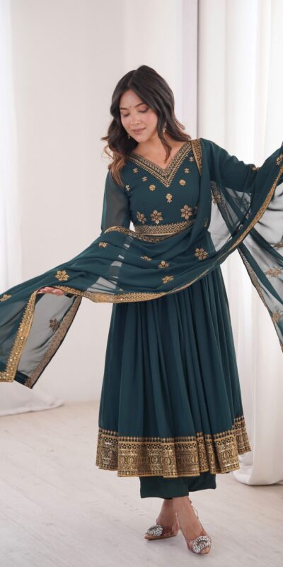 SP 104 Teal| Faux Georgette Salwar Suit with Lace Work & Digital Print. Introductory Price ₹2799. Delivery 4-6 Working Days. Shop now. | Anarkali Suits, Bollywood Anarkali, Creative-Anarkali, Designer Anarkali, Embroidered Anarkali, Party Wear Anarkali
