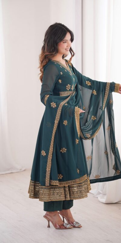 SP 104 Teal| Faux Georgette Salwar Suit with Lace Work & Digital Print. Introductory Price ₹2799. Delivery 4-6 Working Days. Shop now. | Anarkali Suits, Bollywood Anarkali, Creative-Anarkali, Designer Anarkali, Embroidered Anarkali, Party Wear Anarkali