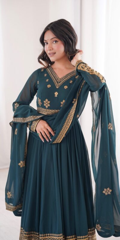 SP 104 Teal| Faux Georgette Salwar Suit with Lace Work & Digital Print. Introductory Price ₹2799. Delivery 4-6 Working Days. Shop now. | Anarkali Suits, Bollywood Anarkali, Creative-Anarkali, Designer Anarkali, Embroidered Anarkali, Party Wear Anarkali