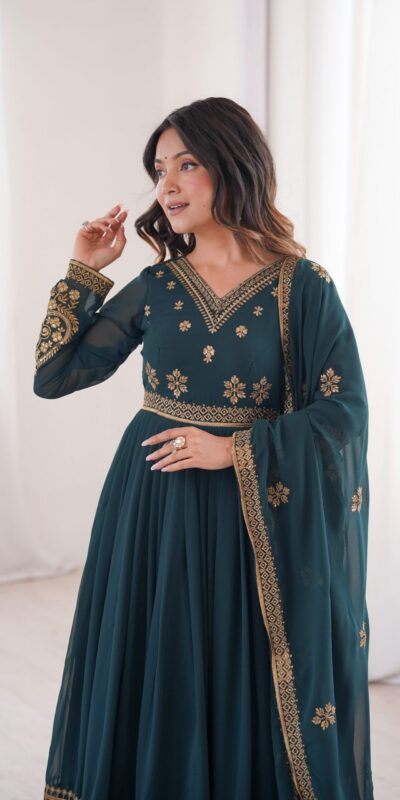 SP 104 Teal| Faux Georgette Salwar Suit with Lace Work & Digital Print. Introductory Price ₹2799. Delivery 4-6 Working Days. Shop now. | Anarkali Suits, Bollywood Anarkali, Creative-Anarkali, Designer Anarkali, Embroidered Anarkali, Party Wear Anarkali