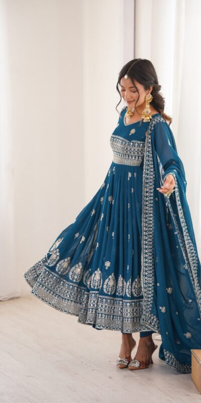 SP 91 Teal| Faux Georgette Salwar Suit with Lace Work & Digital Print. Introductory Price ₹2799. Delivery 4-6 Working Days. Shop now. | Anarkali Suits, Bollywood Anarkali, Creative-Anarkali, Designer Anarkali, Embroidered Anarkali, Party Wear Anarkali