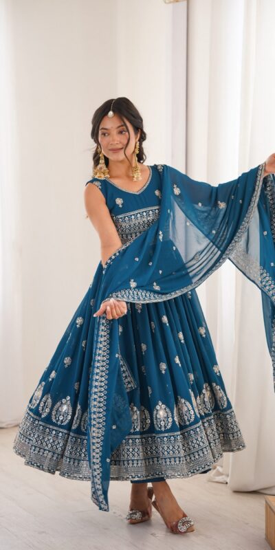 SP 91 Teal| Faux Georgette Salwar Suit with Lace Work & Digital Print. Introductory Price ₹2799. Delivery 4-6 Working Days. Shop now. | Anarkali Suits, Bollywood Anarkali, Creative-Anarkali, Designer Anarkali, Embroidered Anarkali, Party Wear Anarkali