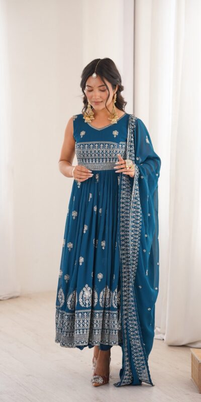 SP 91 Teal| Faux Georgette Salwar Suit with Lace Work & Digital Print. Introductory Price ₹2799. Delivery 4-6 Working Days. Shop now. | Anarkali Suits, Bollywood Anarkali, Creative-Anarkali, Designer Anarkali, Embroidered Anarkali, Party Wear Anarkali