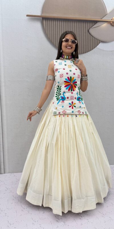 PC 594 White Khadi Cotton Lehenga Choli with Bandhej Print & Mirror Work. Festive Deal ₹2799. Delivery 4-6 Working Days. Shop now. | Lehenga, Bollywood Lehenga, Creative Lehenga, Designer Lehenga, Embroidered Lehenga, Party Wear Lehenga
