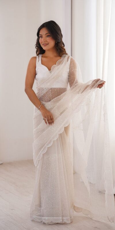 SP 90 White Soft Net Saree with Sequins Work & Embroidery Work. Available at ₹2299 only. Delivery 4-6 Working Days. Shop now. | Sarees, Bollywood Sarees, Creative Sarees, Designer Sarees, Embroidered Sarees, Ethnic Saree, Modern Digital sarees, Party Wear Sarees