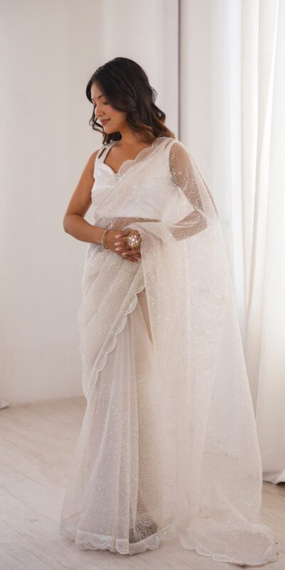 SP 90 White Soft Net Saree with Sequins Work & Embroidery Work. Available at ₹2299 only. Delivery 4-6 Working Days. Shop now. | Sarees, Bollywood Sarees, Creative Sarees, Designer Sarees, Embroidered Sarees, Ethnic Saree, Modern Digital sarees, Party Wear Sarees