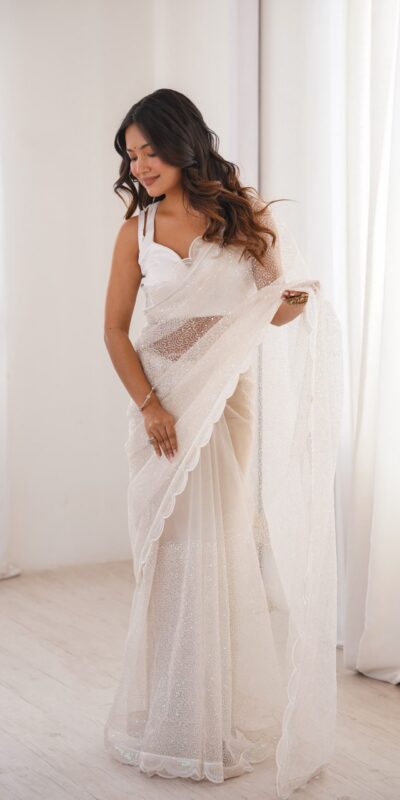 SP 90 White Soft Net Saree with Sequins Work & Embroidery Work. Available at ₹2299 only. Delivery 4-6 Working Days. Shop now. | Sarees, Bollywood Sarees, Creative Sarees, Designer Sarees, Embroidered Sarees, Ethnic Saree, Modern Digital sarees, Party Wear Sarees