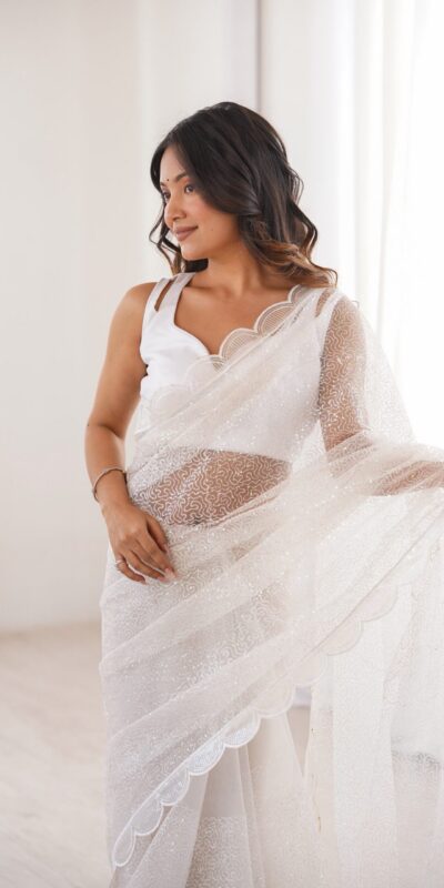 SP 90 White Soft Net Saree with Sequins Work & Embroidery Work. Available at ₹2299 only. Delivery 4-6 Working Days. Shop now. | Sarees, Bollywood Sarees, Creative Sarees, Designer Sarees, Embroidered Sarees, Ethnic Saree, Modern Digital sarees, Party Wear Sarees