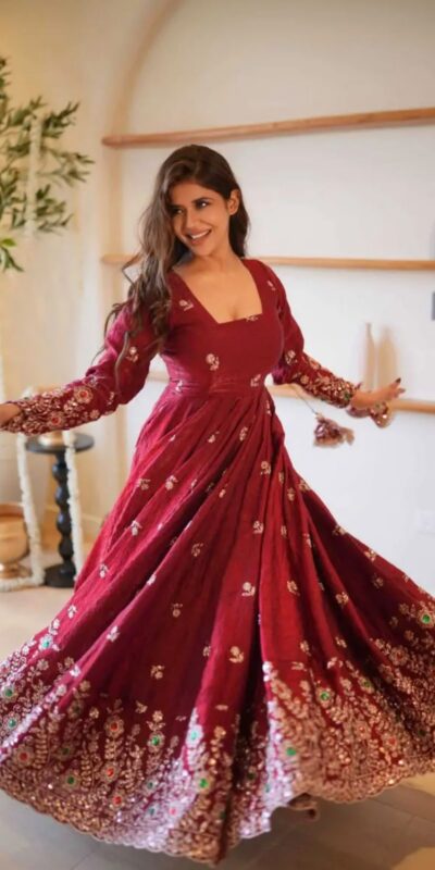 ZSR 3192 Maroon Doremon Crush Gown with Lace Work & Mirror Work. Exclusive Offer ₹2799. Delivery 4-6 Working Days. Shop now. | Gowns, Bollywood Gowns, Creative Gowns, Designer Gowns, Embroidered Gowns, Party Wear Gowns