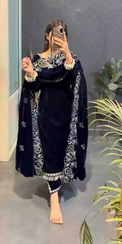 MF 486 Navy Blue Viscose Velvet Salwar Suit with Embroidery Work & Lace Work. Grab it for ₹2349. Delivery 4-6 Working Days. Shop now. | Jump Suits, Salwar suit, Casual Suits, Creative suits, Designer Suits, Palazzo Suits, Party Wear Suits, Patiala Suits, Straight Suits