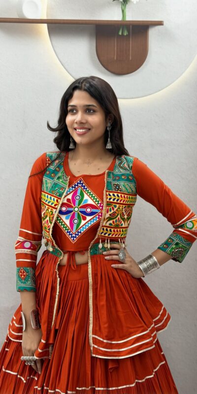 Ram 120 Orange in Pure Cotton Mirror Work & Gamthi Work Lehenga Choli . Exclusive Offer ₹3049. Delivery 4-6 Working Days. Shop now. | Lehenga, Bollywood Lehenga, Creative Lehenga, Designer Lehenga, Embroidered Lehenga, Party Wear Lehenga