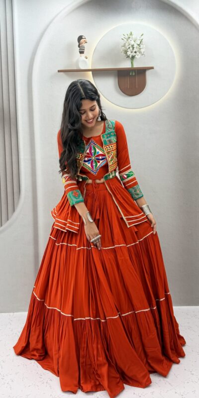 Ram 120 Orange in Pure Cotton Mirror Work & Gamthi Work Lehenga Choli . Exclusive Offer ₹3049. Delivery 4-6 Working Days. Shop now. | Lehenga, Bollywood Lehenga, Creative Lehenga, Designer Lehenga, Embroidered Lehenga, Party Wear Lehenga