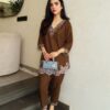 Trendy Brown French Crape Embroidery Work Kurti