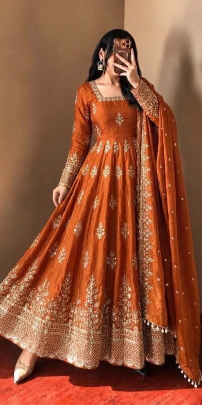 NSR 918 Orange Fendy Silk Gown with Embroidery Work & Sequins Work. Special Price ₹2399. Delivery 4-6 Working Days. Shop now. | Gowns, Bollywood Gowns, Creative Gowns, Designer Gowns, Embroidered Gowns, Party Wear Gowns