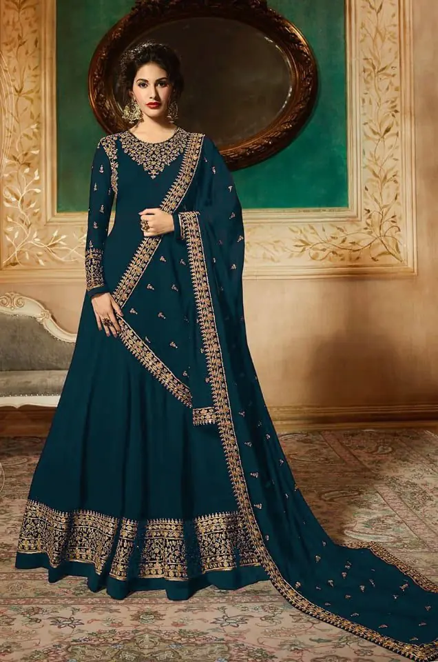 Prussian Blue Georgette Embroidered Anarkali Suit