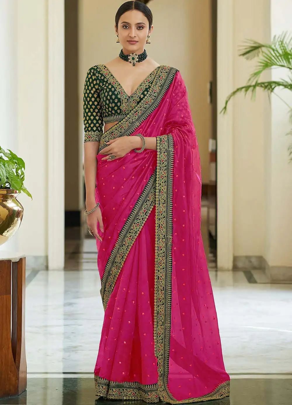 dazzling-pink-color-heavy-border-vichitra-silk-wedding-saree