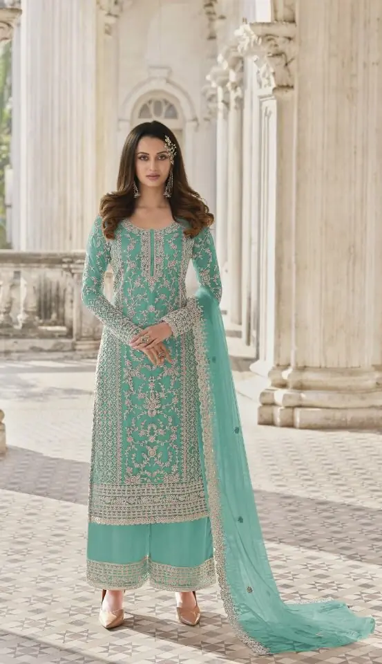 Light Green Net Embroidered Sharara Suit